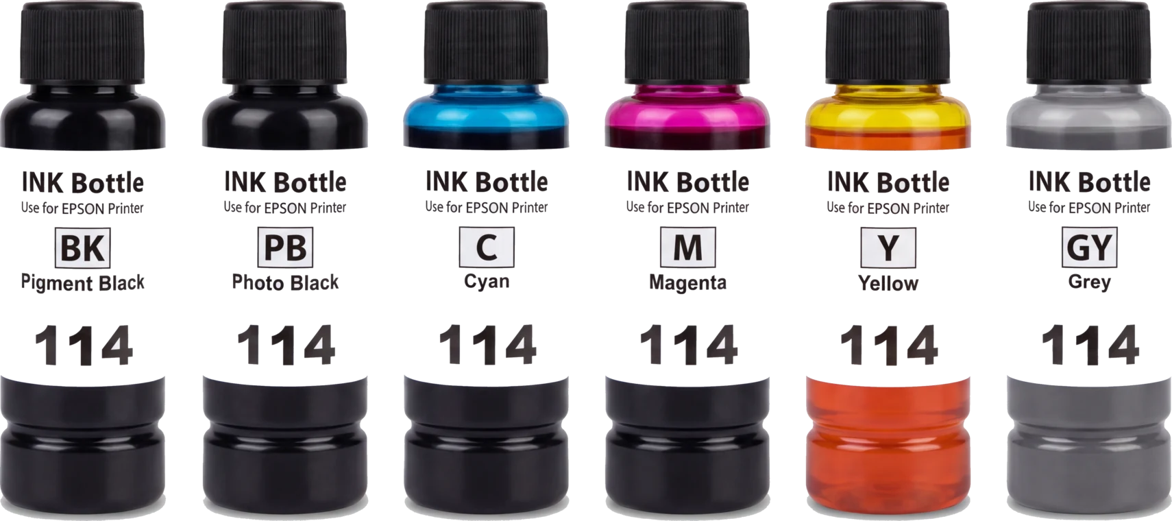 Epson 114 inktfles pigment zwart (huismerk), Epson 114 inktfles foto zwart (huismerk), Epson 114 inktfles cyaan (huismerk), Epson 114 inktfles magenta (huismerk), Epson 114 inktfles geel (huismerk), Epson 114 inktfles grijs (huismerk)